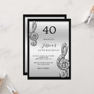 Invitación Glitzy Silver Music Notes Birday