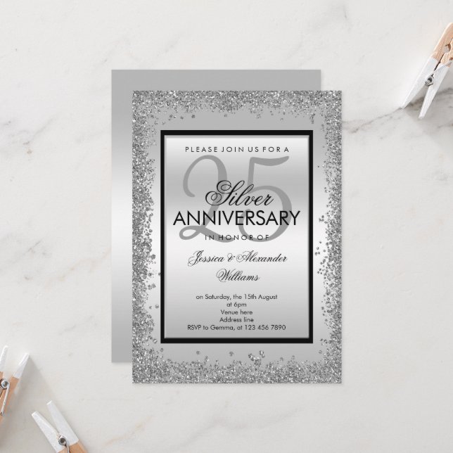 Invitación Glitzy Silver y Black 25º Aniversario del Boda (Anverso/Reverso In Situ)
