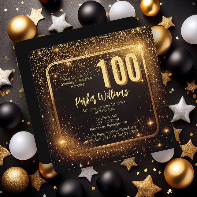 Invitación Glitzy Sparkles | Stars Gold 100th Birthday Party (Glitzy Sparkles Black and Gold Tone Modern Elegant 100th Birthday Party Square Invitation )