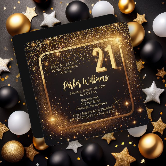 Invitación Glitzy Sparkles | Stars Gold 21st Birthday Party (Glitzy Sparkles Black and Gold Tone Modern Elegant 21st Birthday Party Square Invitation )