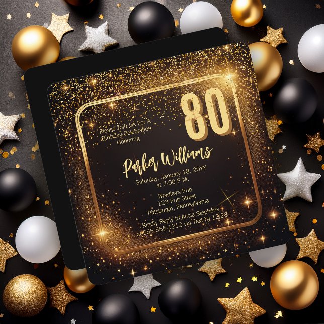 Invitación Glitzy Sparkles | Stars Gold 80th Birthday Party (Glitzy Sparkles Black and Gold Tone Modern Elegant 80th Birthday Party Square Invitation )