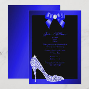 Invitación Glitzy Sparkly Stiletto, Lazo Azul Fiesta de Cumpl
