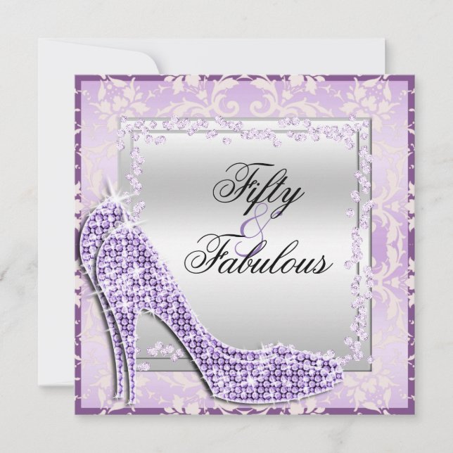 Invitación Glitzy Stilettos, Diamonds & Damask Fabasty 50 (Anverso)