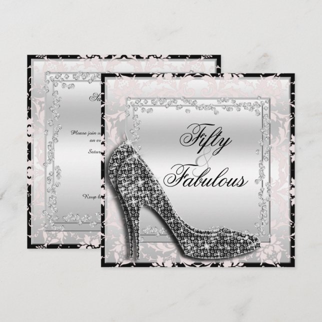 Invitación Glitzy Stilettos, Diamonds & Damask Fabulous 50 (Anverso / Reverso)