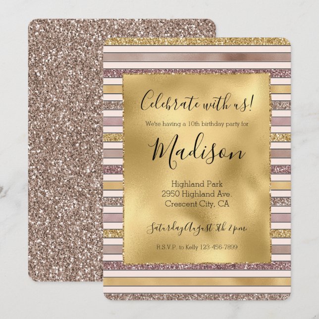 Invitación Glitzy Stripes Purpurina rosado Rubor Gold (Anverso / Reverso)