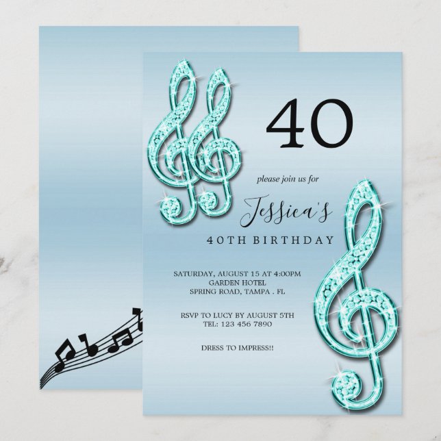 Invitación Glitzy Verde azulada Music Notes Birday (Anverso / Reverso)