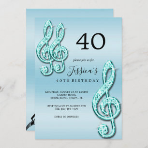 Invitación Glitzy Verde azulada Music Notes Birday
