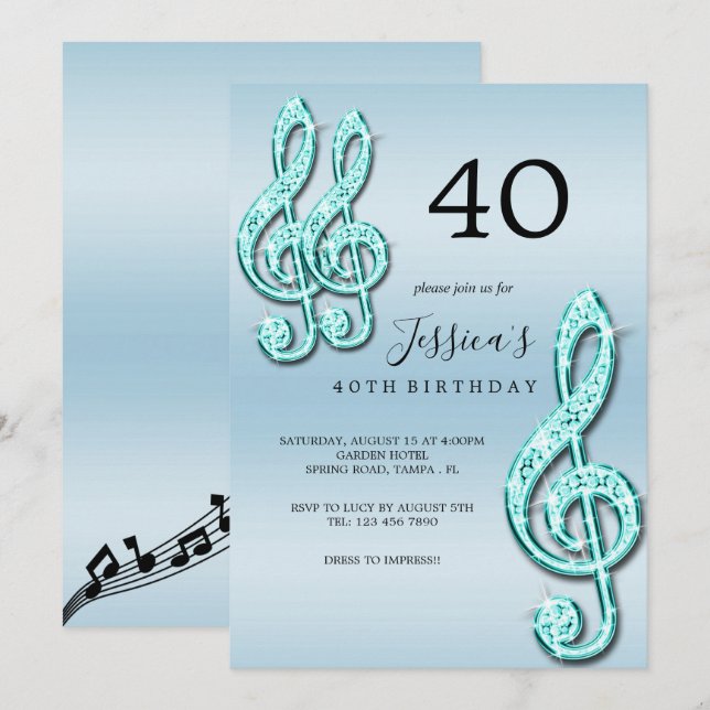 Invitación Glitzy Verde azulada Music Notes Birday (Anverso / Reverso)