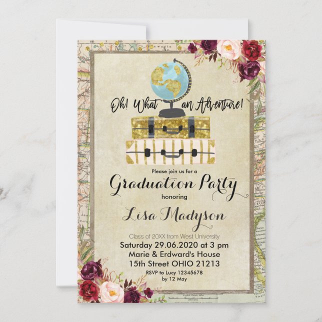 Invitación GLOBE Marsala Adventure Graduation Party Invite (Anverso)