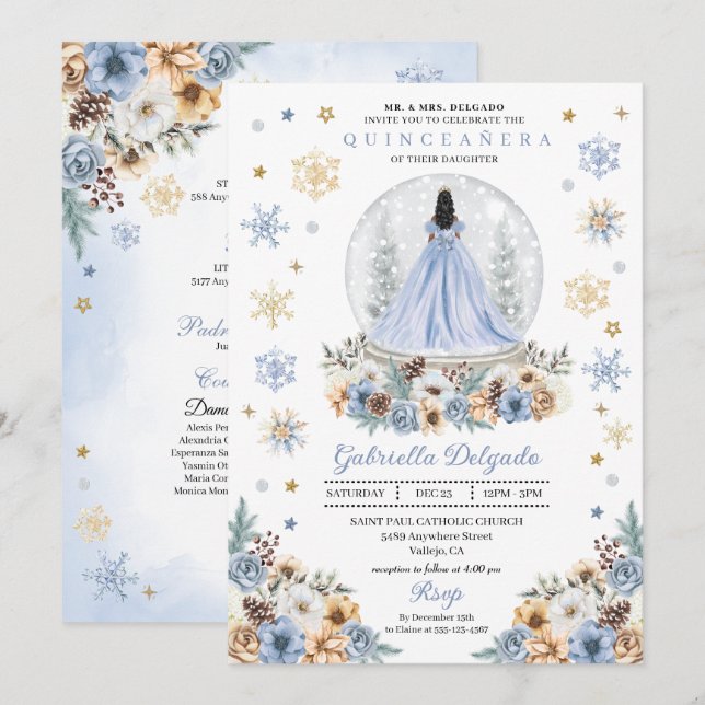 Invitación Globe Princesa de Nieve Invierno Wonderland Quince (Anverso / Reverso)