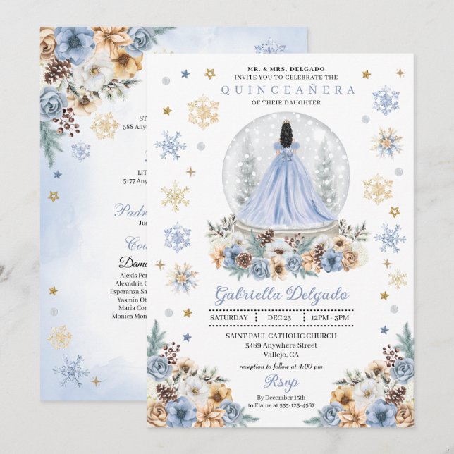 Invitación Globe Princesa de Nieve Invierno Wonderland Quince (Anverso / Reverso)