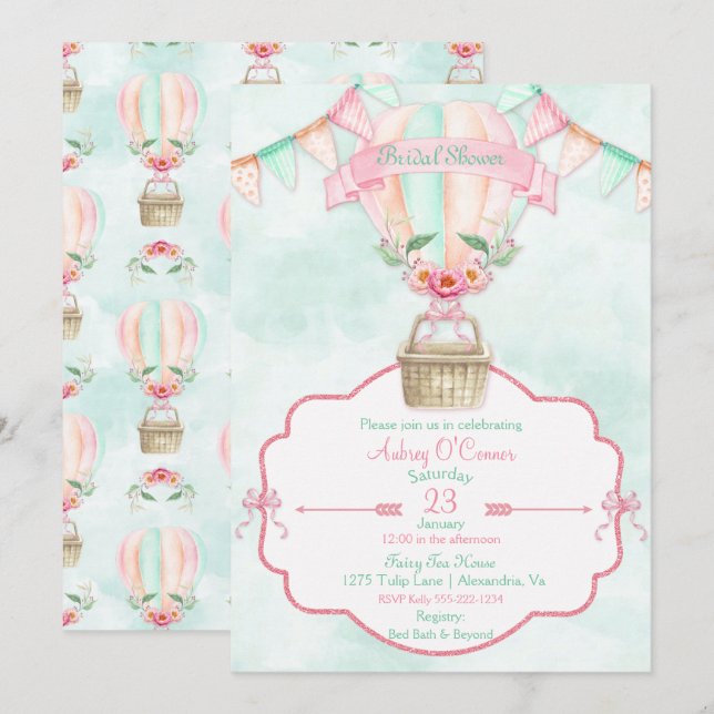 Invitación Globo aerostático acuarela rosa menta melocotón (Anverso / Reverso)
