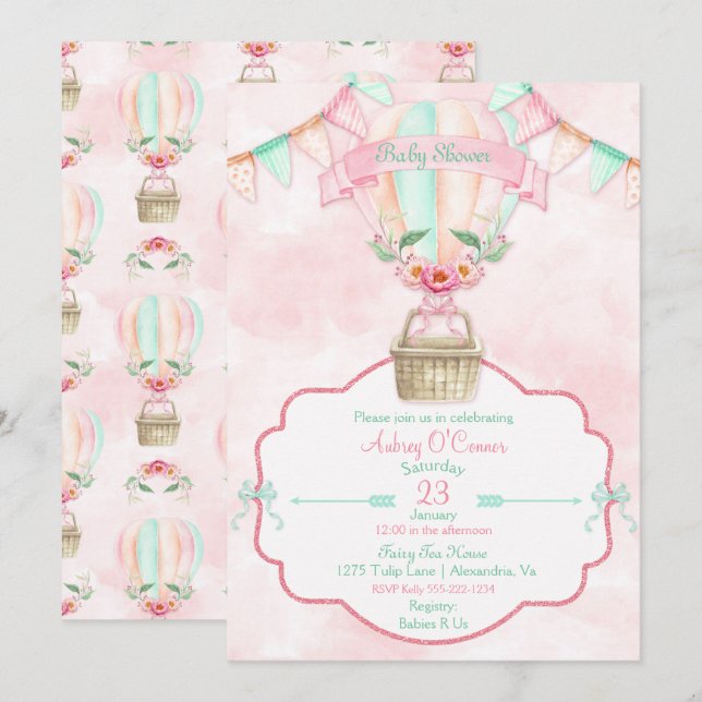 Invitación Globo aerostático acuarela rosa menta melocotón (Anverso / Reverso)