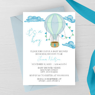 Invitación Globo aerostático azul caliente “Es un niño” Baby