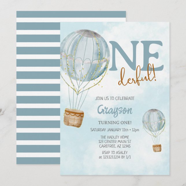 Invitación Globo aerostático azul Cumpleaños 1er (Anverso / Reverso)