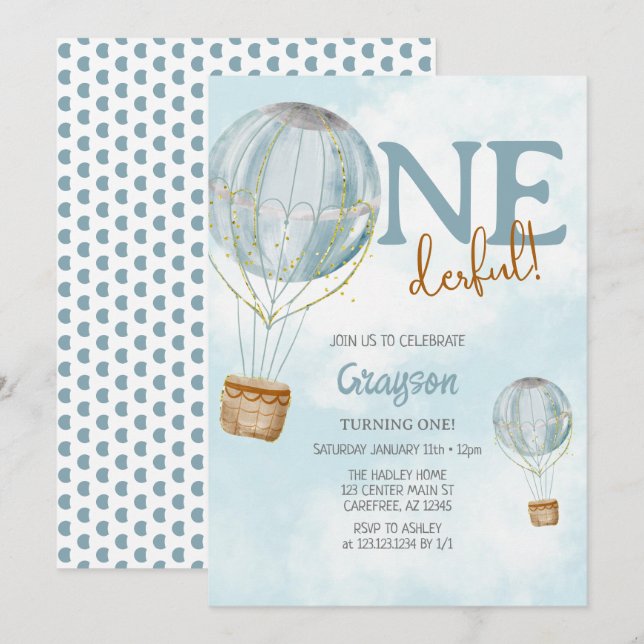 Invitación Globo aerostático azul Cumpleaños primero (Anverso / Reverso)