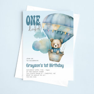 Invitación Globo aerostático azul Onederful para primer cumpl