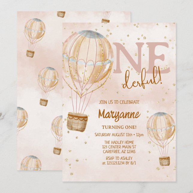 Invitación Globo aerostático boho cumpleaños 1 (Anverso / Reverso)
