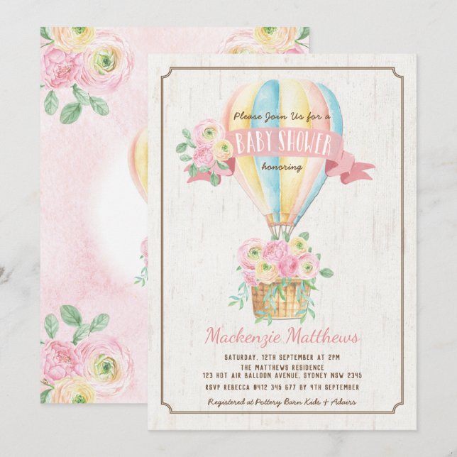 Invitación Globo aerostático chic rosa floral niña baby showe (Anverso / Reverso)