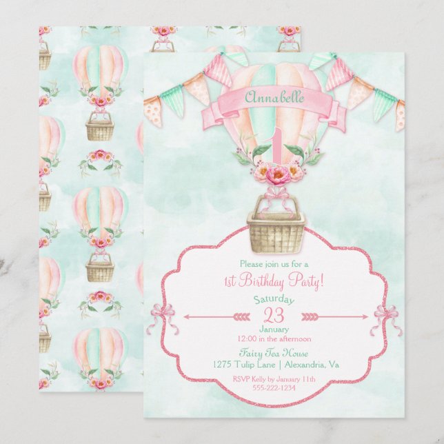 Invitación Globo aerostático Cumpleaños uno Rosa menta meloco (Anverso / Reverso)