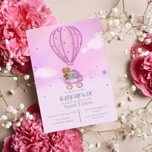Invitación Globo aerostático de acuarela Baby Shower niña lin