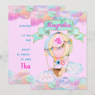 Invitación Globo aerostático de cumpleaños de Unicornio de Ar