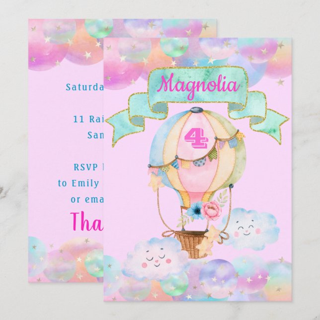 Invitación Globo aerostático de cumpleaños de Unicornio de Ar (Anverso / Reverso)