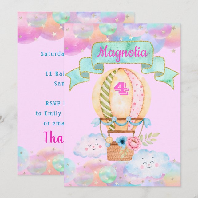 Invitación Globo aerostático de cumpleaños de Unicornio de Ar (Anverso / Reverso)