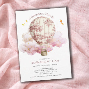 Invitación Globo aerostático de ducha de bebé con toile rosa