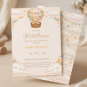 Invitación Globo aerostático de la osa caprichosa con flores