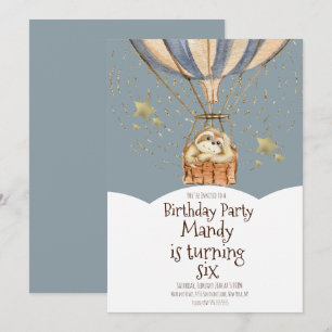 Invitación Globo aerostático de perezoso acuarela cumpleaños