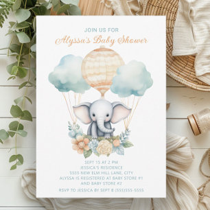 Invitación Globo aerostático elefante azul melocotón niño