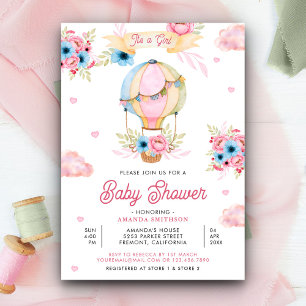 Invitación Globo Aerostático Floral Rosa Intenso para Fiesta