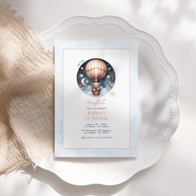 Invitación Globo aerostático "¿No es UNderful?" Cumpleaños 1 (Hot Air Balloon "Isn’t He ONEderful" 1st Birthday Invitation)