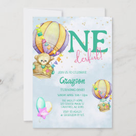 Invitación Globo aerostático Onederful azul cumpleaños 1
