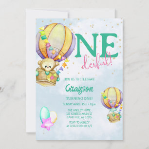 Invitación Globo aerostático Onederful azul cumpleaños 1