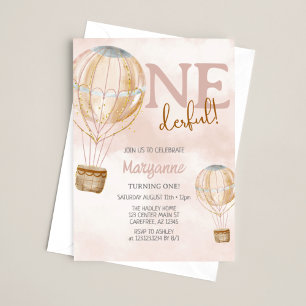 Invitación Globo aerostático rosa boho cumpleaños 1