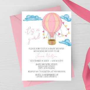 Invitación Globo aerostático rosa “Es una niña” Baby Shower