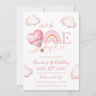 Invitación Globo aerostático rosa Onederful cumpleaños niña 1