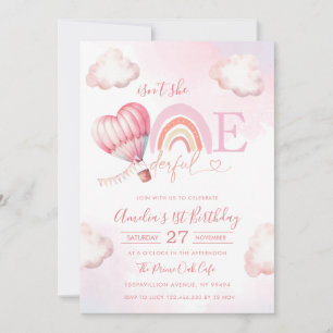 Invitación Globo aerostático rosa Onederful niña cumpleaños 1