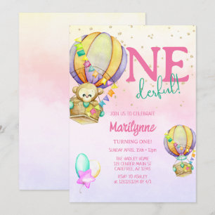 Invitación Globo aerostático rosa Onederful para primer cumpl