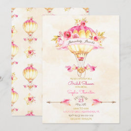Invitación Globo aerostático rosado dorado amarillo flechas r