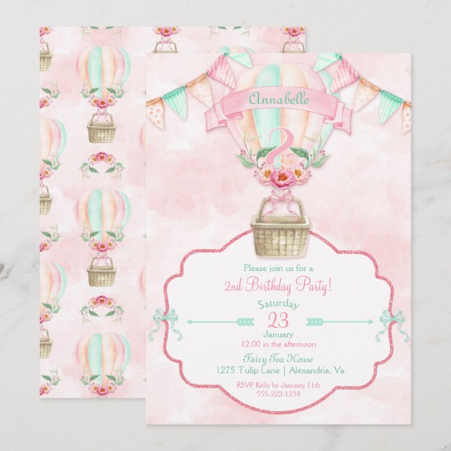 Invitación Globo aerostático Segundo cumpleaños Rosa menta me (Anverso / Reverso)