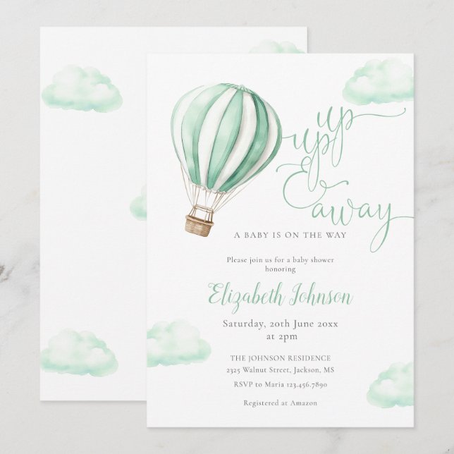 Invitación Globo aerostático Up And Away Baby Shower Neutral (Anverso / Reverso)