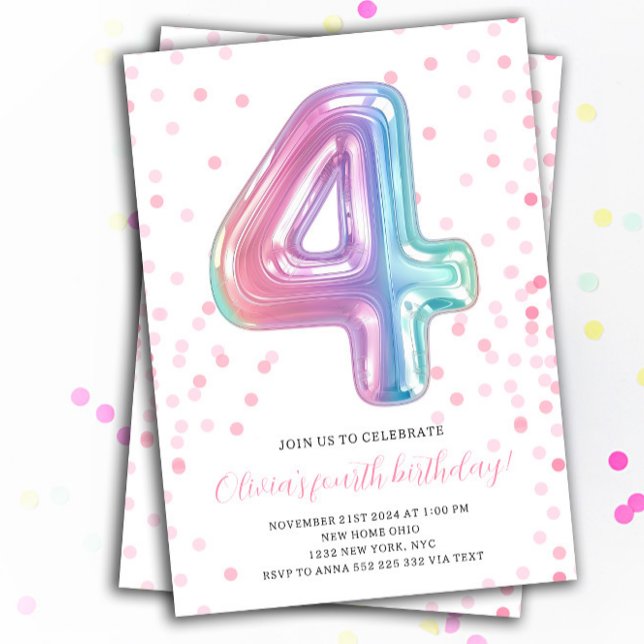 Invitación Globo arcoiris 4º número de Fiesta Chica de cumple (Rainbow Balloon Number 4th Birthday Girl Invitations)