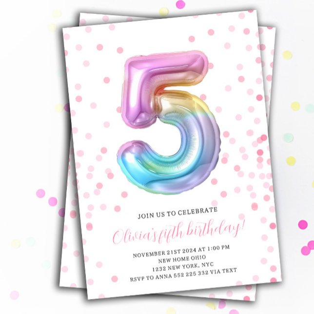 Invitación Globo arcoiris 5º número de Fiesta Chica de cumple (Rainbow Balloon Colorful 5th Birthday Girl Invitations)