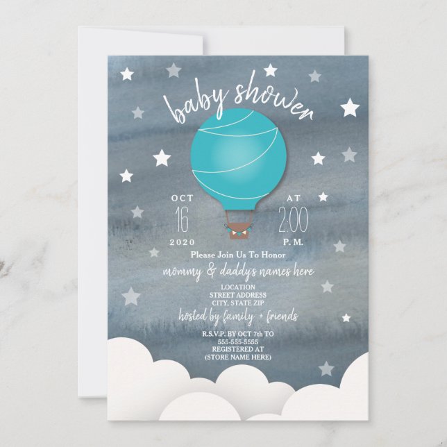 Invitación Globo azul de aire caliente + Baby Shower Stars Bo (Anverso)