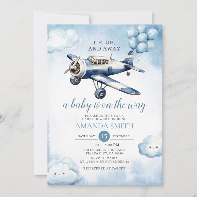 Invitación Globo azul de Baby Shower hacia arriba, arriba y f (Anverso)