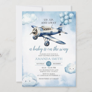 Invitación Globo azul de Baby Shower hacia arriba, arriba y f