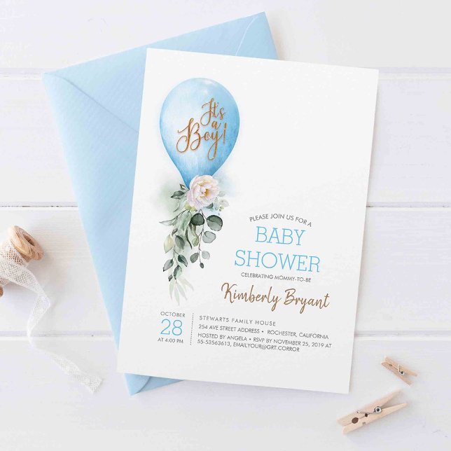 Invitación Globo azul es un niño Baby Shower (It's a Boy! - Blue Balloon Baby Shower Invitations)